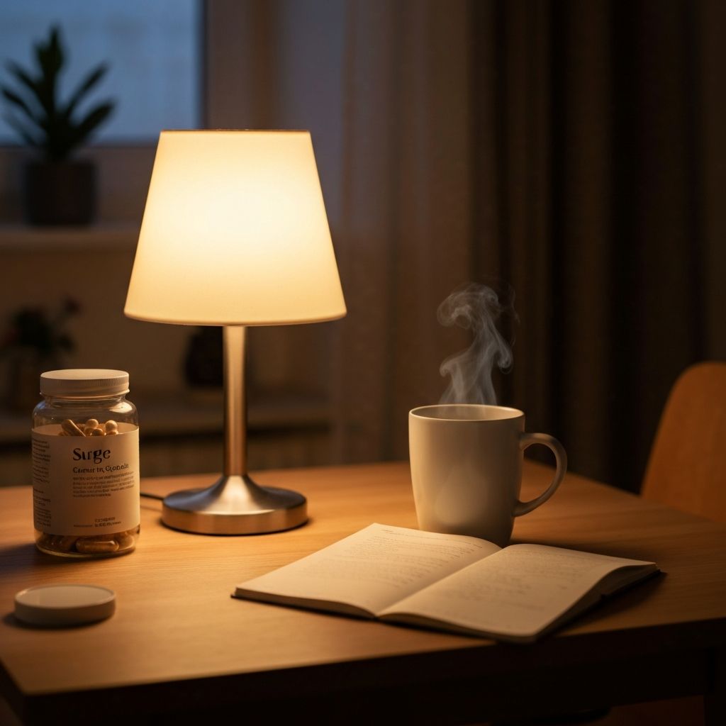 Gemütliche Abendszene mit warmer Lampe, Teetasse, offenem Notizbuch und Supplement-Glas