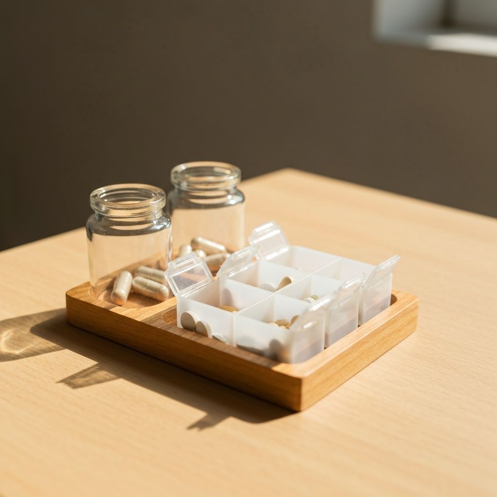 Einfacher Start mit Supplement-Organizer und Gläsern auf einem Tablett