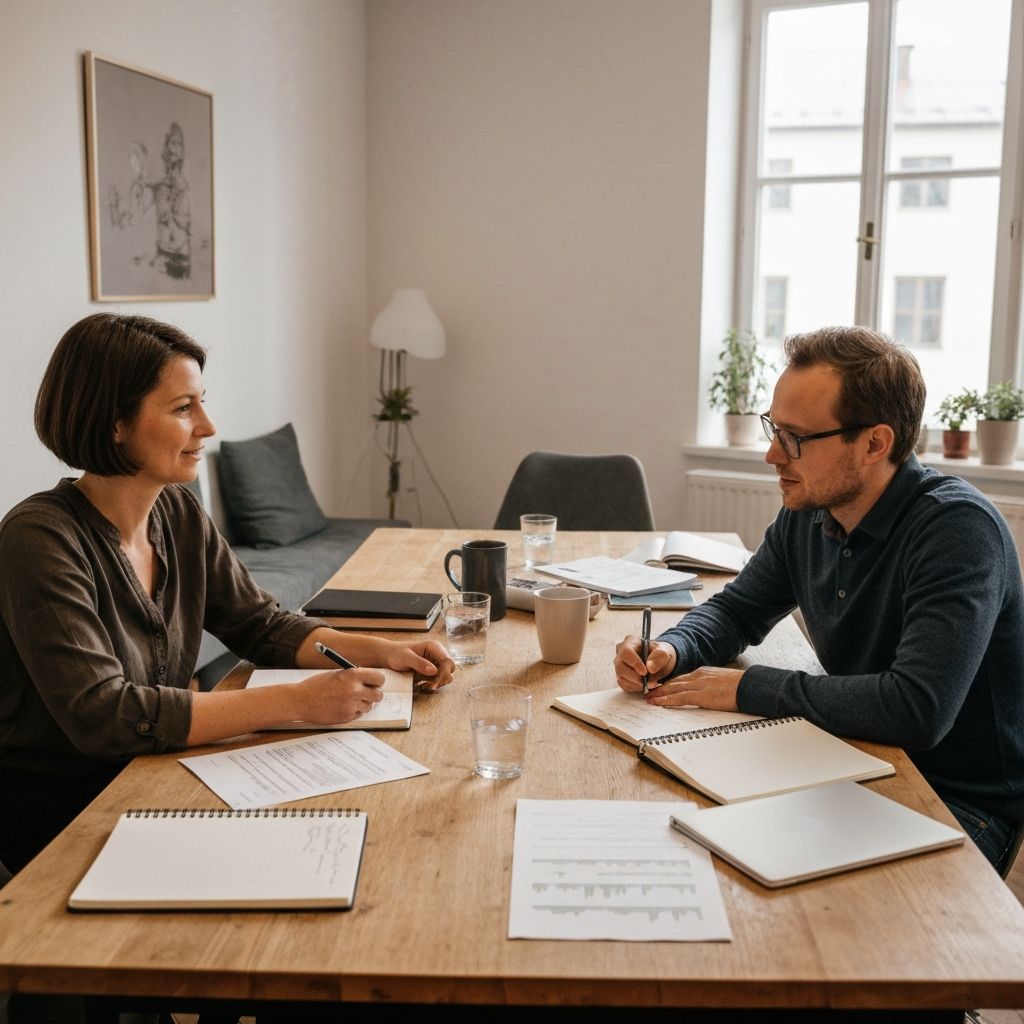 Team beim Arbeiten am Tisch in österreichischem Coworking Space mit Notebooks und Dokumenten